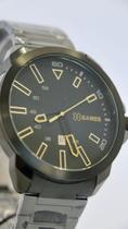Relógio masculino analógico pulseira preta e visor preto com detalhes dourado