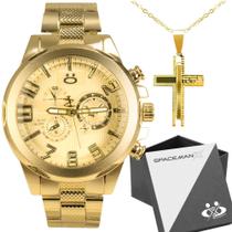 Relógio Masculino Analógico Quartz Aço Inox Dourado Prata + Corrente Crucifixo 60cm Banhado 18k