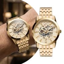 Relógio Masculino Automático de Pulso Dourado com Caixa e Pulseira de Aço Inoxidável à Prova D Água com Maquinismo Visível Esqueleto Technos