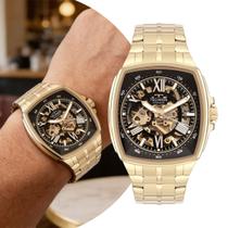 Relógio Masculino Automático de Pulso Dourado Quadrado com Caixa e Pulseira de Aço Inoxidável à Prova D Água Luxo Elegante Casual Social Technos