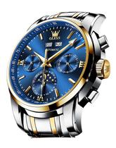 Relógio masculino automático OLEVS Self Winding Mechanical Luxury Dress Moon Phase, aço inoxidável, rosto azul, impermeável, calendário luminoso, relógio de pulso