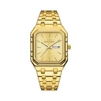 Relógio Masculino Azul Dourado De Quartzo Com Pulseira De Aço Inoxidável, Calendário Duplo, Moda E