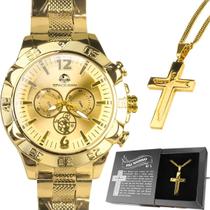 relogio masculino banhado aço + cordão crucifixo + caixa pallyjane resistente religioso religião católico prova de agua