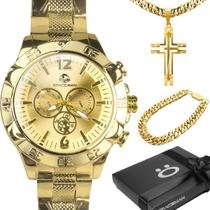 relogio masculino banhado aço inox + caixa + corrente grande religioso original catolico casual grumet prova dagua