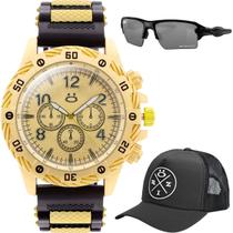 Relogio Masculino Banhado Aco + Oculos Sol robusto proteçao uv original presente dourado trucker grumet silicone grande
