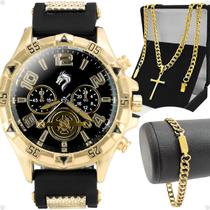Relogio Masculino Banhado + Cordão Crucifixo + Pulseira preto presente analogico pulseira ajustavel religioso grumet