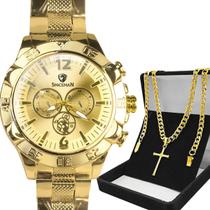 Relogio Masculino Banhado Dagua Prova Aco + Cordao Crucifixo dragao dourado ouro inoxidavel social religioso analogico