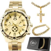 Relogio Masculino Banhado Dourado + Cordao + Pulseira Grande