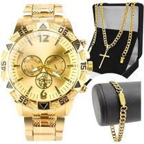 relogio masculino banhado dourado + pulseira + crucifixo robusto original presente pesado qualidade premium grande casual prova dagua social