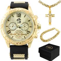 Relogio masculino banhado ouro + cordão + pulseira dourado social ajustavel analogico original