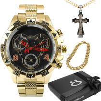 Relógio masculino banhado + pulseira + cordão crucifixo qualidade premium ouro preto social presente