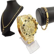 Relógio Masculino Barato Dourado Grande + Conjunto Corrente Masculina
