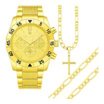 Relógio Masculino Barato Dourado Grande + Conjunto Corrente Masculina