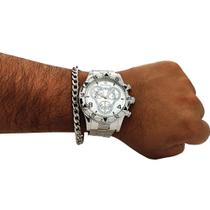 Relógio Masculino Barato Prateado Grande + Conjunto Corrente Masculina