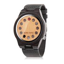 Relógio masculino Bird de madeira de bambu com pulseira de couro bovino preta, design com temporizador de 12 furos, Blac