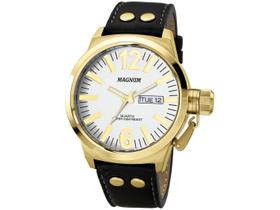 Relógio Masculino Branco e Dourado Analógico de Pulso c/ Pulseira de Couro e Caixa de Aço Inoxidável à Prova D Água Luxo Elegante Causal Social Magnum