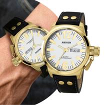 Relógio Masculino Branco e Dourado Analógico de Pulso c/ Pulseira de Couro e Caixa de Aço Inoxidável à Prova D Água Luxo Elegante Causal Social Magnum