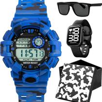 Relogio masculino camuflado digital + cordão + oculos sol esportivo silicone ajustavel preto proteção uv azul grande