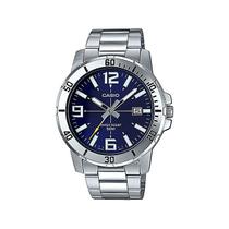 Relógio Masculino Casio Prata Fundo Azul Analógico Com Data