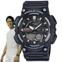 Relógio Masculino Casio World Time Anadigi Analógico Digital Hora Dupla Agenda Esportivo Preto AEQ-110W-1AVDF