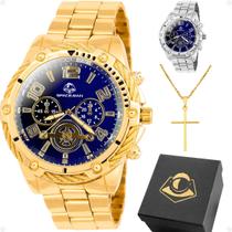 Relógio Masculino Casual Grande Aço Inox Banhado Ouro 18k Cordão Corrente Pingente Cruz Dourado e Caixa Presente Kit 2 Un Relógio Masculino Casual Grande Aço Inox Banhado Ouro 18k Cordão Corrente Pingente Cruz Dourado e Caixa Presente Kit 2 Un