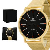 Relogio Masculino Champion Analogico Aço Inoxidavel Dourado Mostrador Preto Original Resistente a Agua 1 Ano de Garantia CN21023J