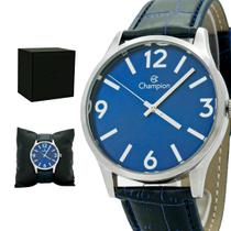 Relogio Masculino Champion Analogico Aço Inoxidavel Prata Mostrador Azul Socia Couro Original Resistente a Agua 1 Ano de Garantia CN20613F