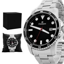 Relogio Masculino Champion Analogico Aço Inoxidavel Prata Mostrador Preto Casual Calendario Original Resistente a Agua 1 Ano de Garantia CA31677T
