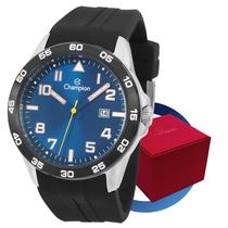 Relógio Masculino Champion Esportivo Prata Visor Azul Pulseira Silicone Preta Original À Prova DÁgua 5ATM Analógico Casual Elegante