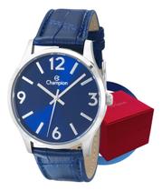 Relógio Masculino Champion Prata Pulseira Couro Azul Analógico Quartzo Mostrador Azul Vidro Cristal Mineral 5 ATM Original Garantia 12 Meses