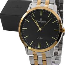 Relogio Masculino Champion SLine Analogico Aço Inoxidavel Prata e Dourado Mostrador Preto Original Resistente a Agua 1 Ano de Garantia RCHCN21103P