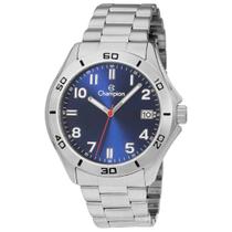 Relógio Masculino Champion Social Prata Todo em Aço Fundo Azul com Calendário Prova Dágua 50m CA31426F