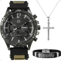 Relogio Masculino + Colar Crucifixo + Pulseira ponteiro robusto black piano inoxidável pesado religioso presente social