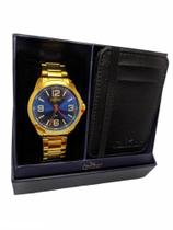 Relógio masculino condor dourado e azul kit com porta cartão inox caixa presenteavel