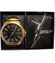 Relógio masculino condor kit com ferramenta dourado fundo preto inox analógico social