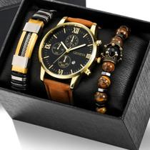 Relógio Masculino Couro Alfa Luxuoso Geneva + Kit Pulseiras