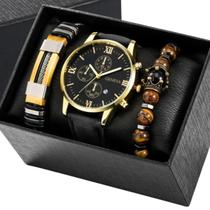 Relógio Masculino Couro Alfa Luxuoso Geneva + Kit Pulseiras