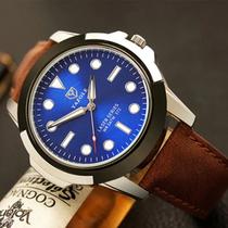Relógio Masculino Couro Marrom com fundo Azul Presente para namorado com caixa Importado Luxo