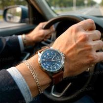 Relógio Masculino Couro Silicone Analógico Dourado Casual