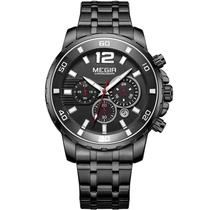 Relógio masculino cronógrafo social megir 2068 preto vermelho todo funcional inox luxo