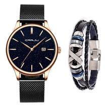 Relógio Masculino Crrju Dourado Analógico + Pulseira Bracelete