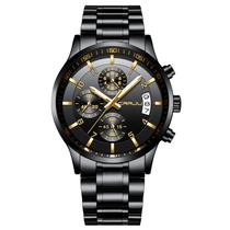 Relógio masculino CRRJU, moda luxuosa, casual, impermeável, preto