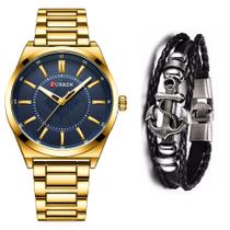 Relógio Masculino Curren Casual Dourado Luxo + Bracelete