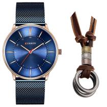 Relógio Masculino Curren Metálico Ultra Fino + Colar Anéis