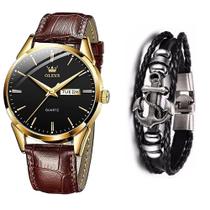 Relógio Masculino De Luxo Dourado + Bracelete Âncora