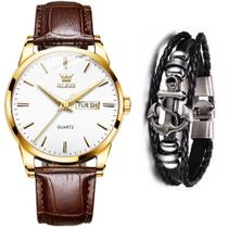 Relógio Masculino De Luxo Dourado Casual + Pulseira Âncora