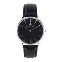 Relógio Masculino de Pulso Black Pulseira Couro Preto Rhadix Fundo Preto Correia Prateada Clássico Minimalista Combina