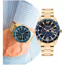 Relógio Masculino De Pulso Dourado Aço Inoxidável Technos Dourado e Azul