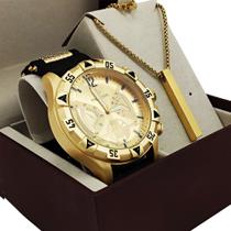 Relógio Masculino De Pulso Grande Dourado + Conjunto Corrente Masculina Ideal Para Presente - Wach