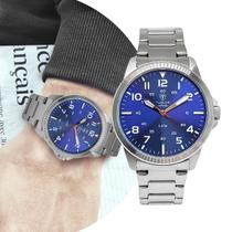 Relógio Masculino de Pulso Prata e Azul Movimento Quartzo Puleira e Caixa de Aço Inoxidável Luxo Elegante Social Casual Linha Infinity Premium Tuguir